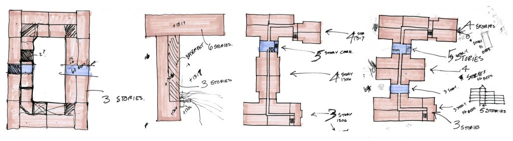 sketched diagrams of varying floor plans and creative design experience with ROCKIT, best Pittsburgh, PA Architect