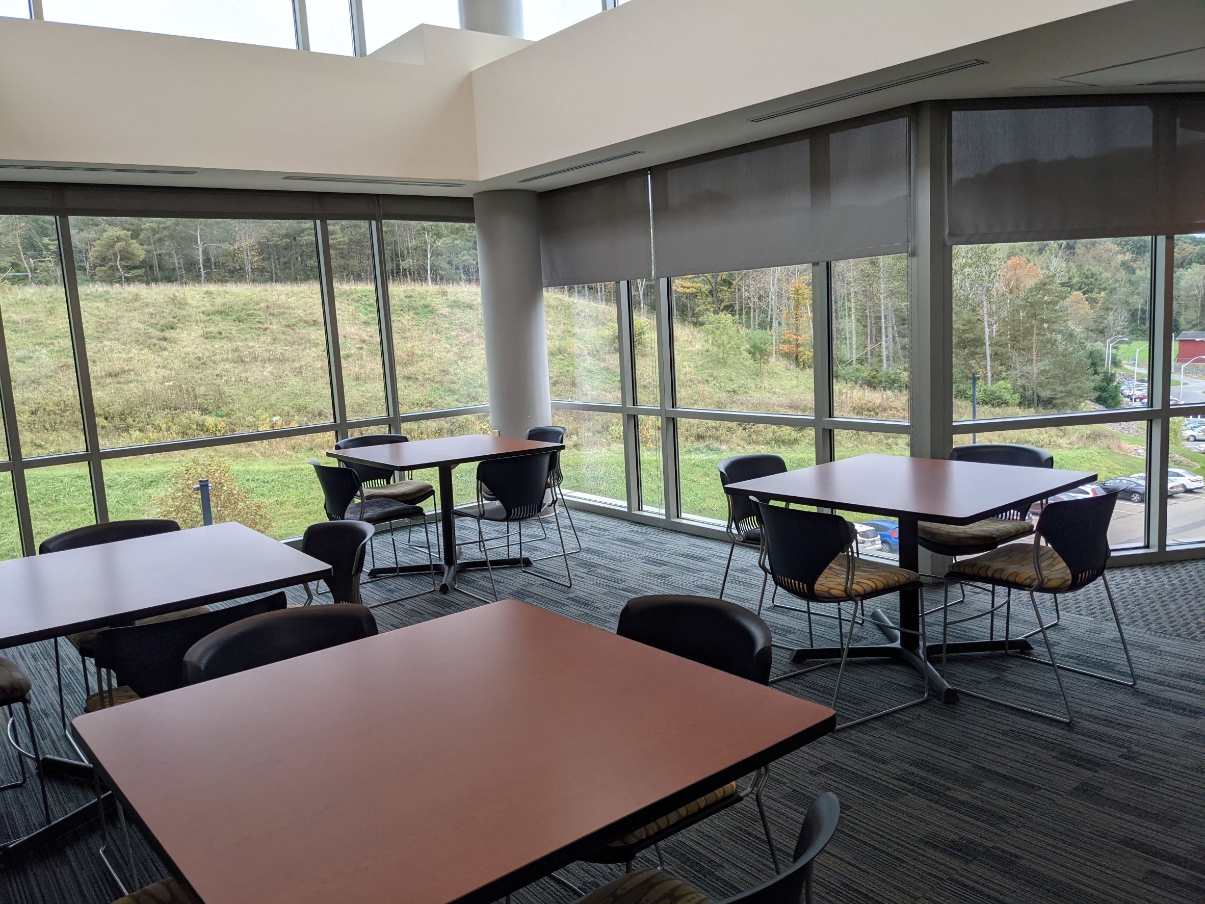 study lounge with tables and chairs, modern carpeting and clerestory windows above, views of wooded area beyond windows